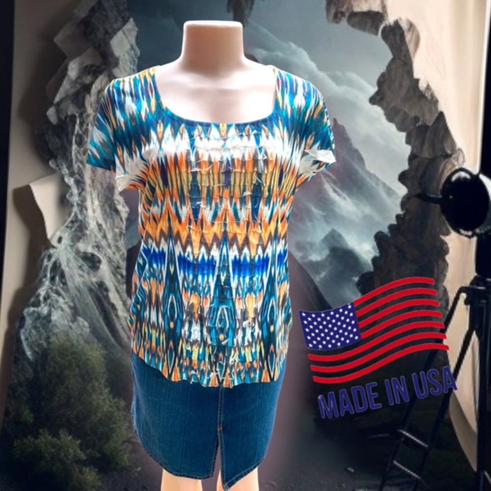 Chico's Abstract Ikat Print Scoop Neck Top M